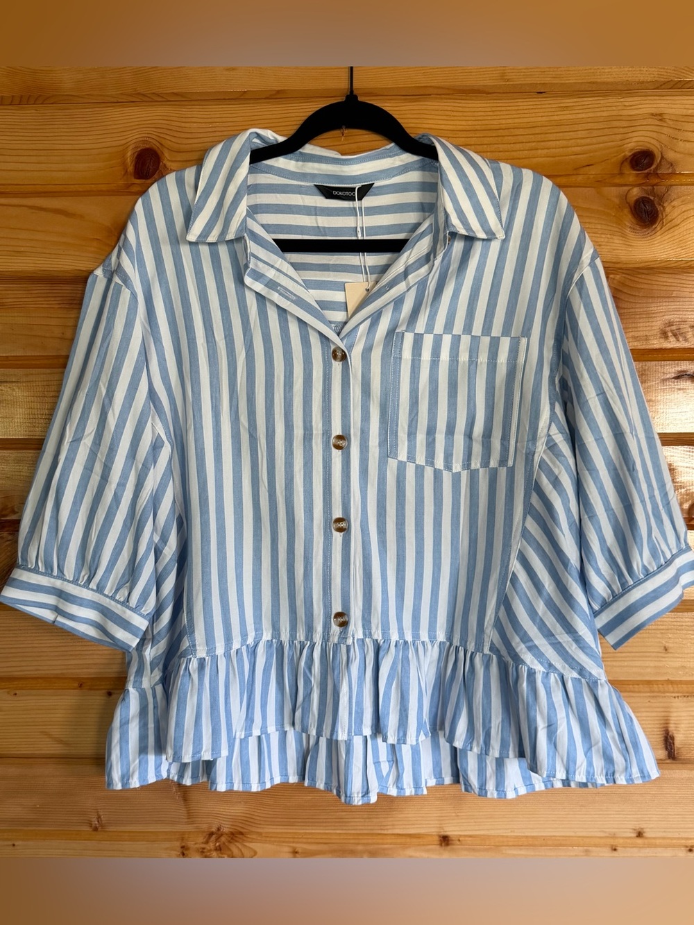 Light Blue Striped Ruffle-Hem Button Front Top - Kids
